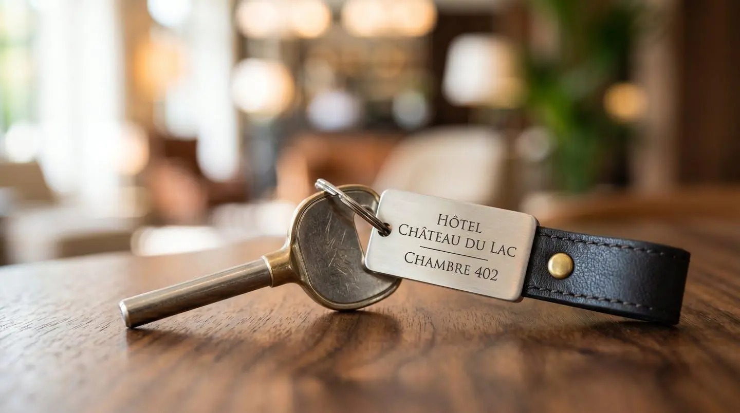 Gros plan sur une clé d'hôtel élégante avec porte-clés raffiné posée sur une surface en bois verni