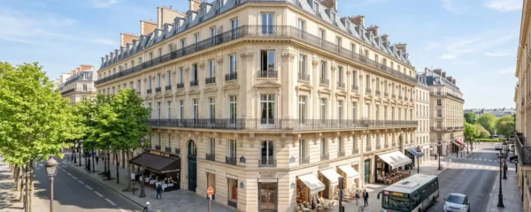 Façade d'immeuble haussmannien élégant dans une rue calme du 8ème arrondissement parisien par temps ensoleillé