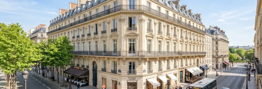 Façade d'immeuble haussmannien élégant dans une rue calme du 8ème arrondissement parisien par temps ensoleillé