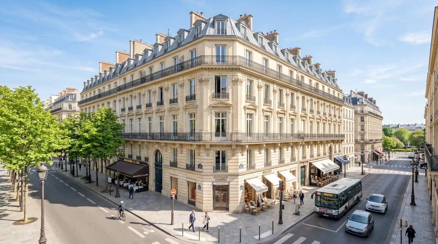 Façade d'immeuble haussmannien élégant dans une rue calme du 8ème arrondissement parisien par temps ensoleillé