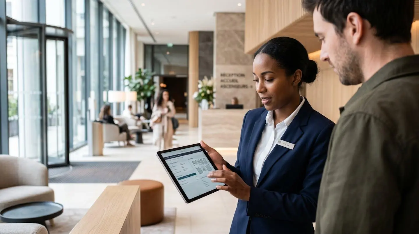 Professionnel en costume consultant une tablette à la réception d'un hôtel moderne, cadrage de profil dans un décor élégant