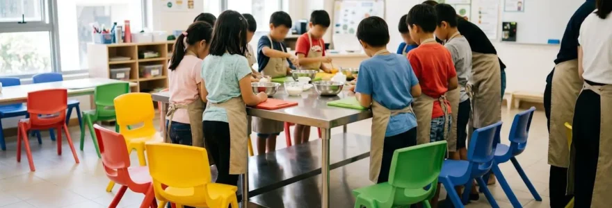 Atelier cuisine pédagogique avec table en inox et chaises colorées, enfants en activité.