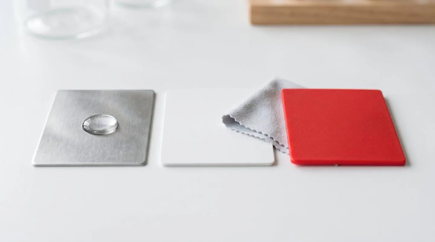 Échantillons de matériaux pour mobilier scolaire : inox, stratifié, polypropylène.
