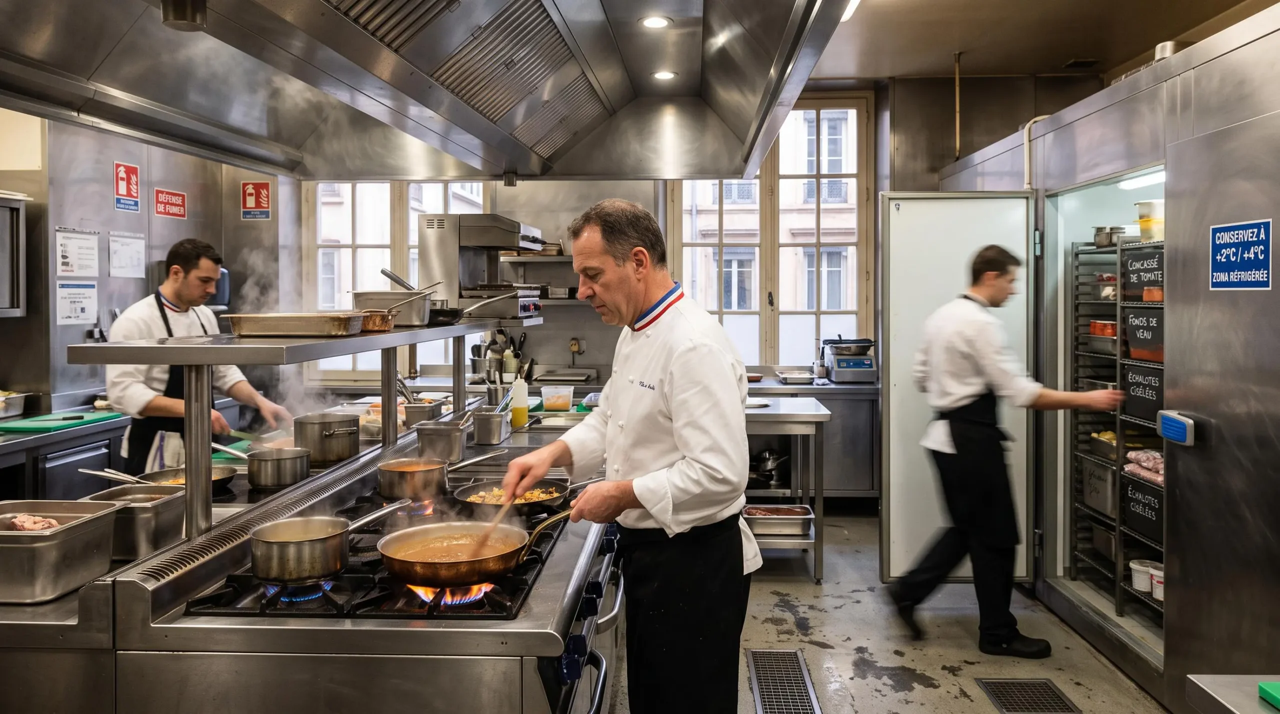 Cuisine professionnelle de restaurant en activité avec chef travaillant au piano de cuisson et commis près de la chambre froide, équipements énergétiques visibles