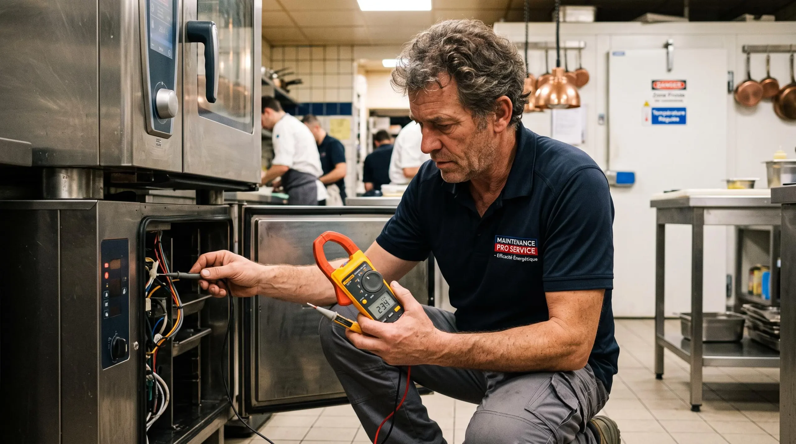 Technicien spécialisé effectuant un contrôle énergétique sur un équipement de cuisine professionnelle avec appareil de mesure, illustrant l'optimisation de la consommation