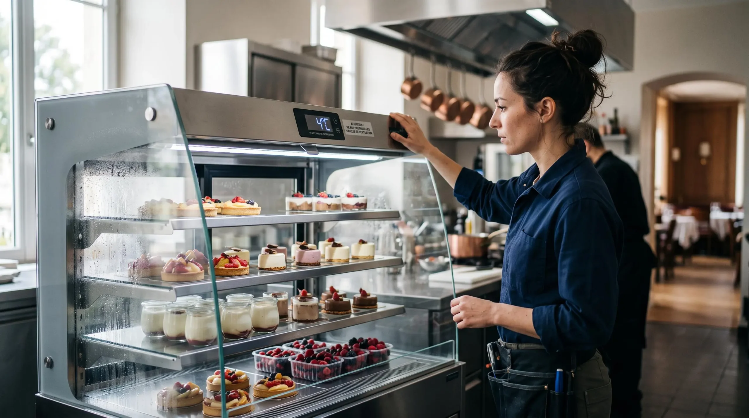 Vitrine réfrigérée professionnelle éclairée avec produits frais et thermostat digital, illustrant les équipements de froid fonctionnant en continu dans un restaurant