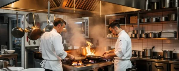 Cuisine professionnelle de restaurant en activité avec deux chefs travaillant devant un piano de cuisson et des équipements en inox