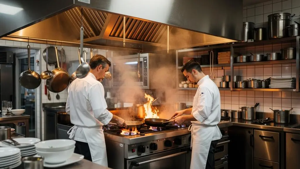 Cuisine professionnelle de restaurant en activité avec deux chefs travaillant devant un piano de cuisson et des équipements en inox